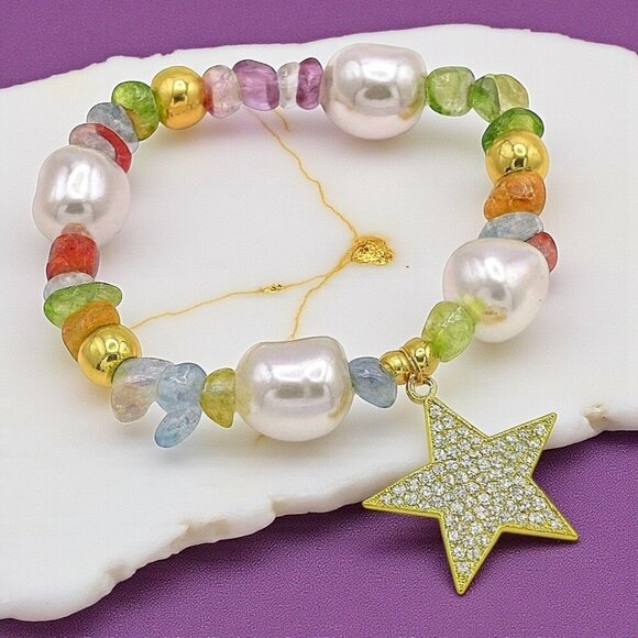 π Y2K Style Colorful Gemstone Bracelet W/ Zirconia Star Charm Stainless Steel - Picture 6 of 13